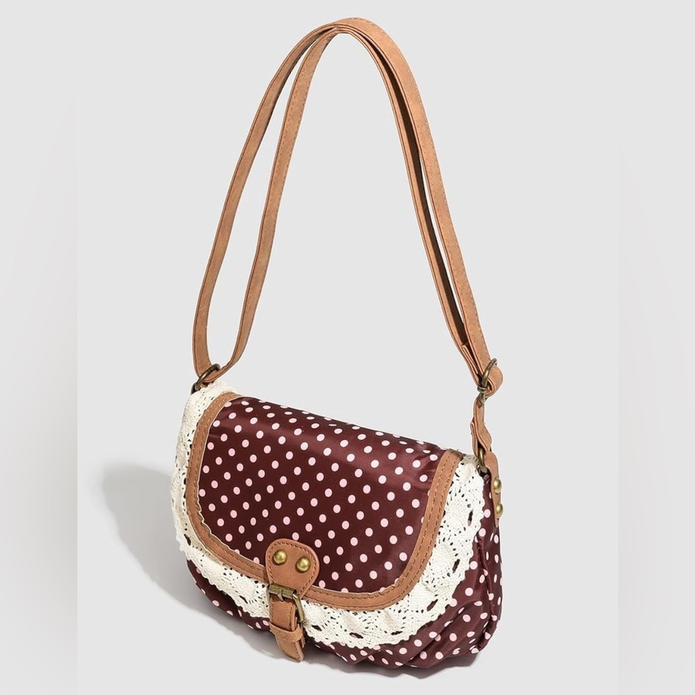 Whimsy Twee Brown Polka Dot Crossbody Purse with Lace Accents -